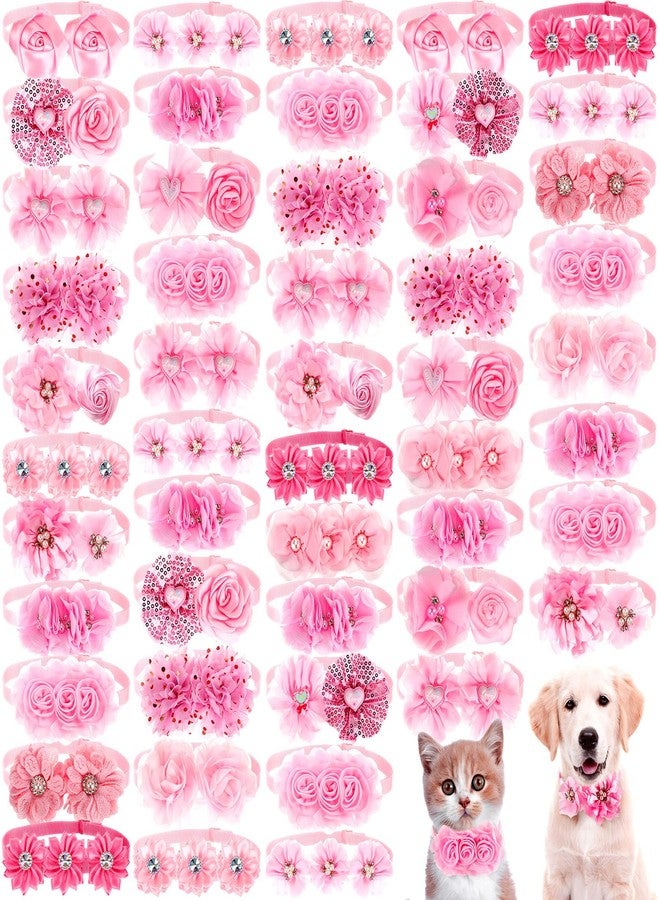 Solsew 50 Pcs Valentine's Day Dog Collar Puppy Bows Pet Accessories Flower Bows for Small Medium Dogs Cat Puppy Bowties Pet Flowers Supplies Christmas Party Wedding(Pink) - Image 1